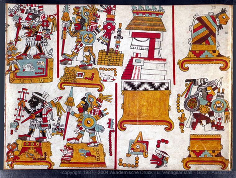 Post Classic Mixtec Codex Zouche-Nuttall, which portrays a long handled ax inset with sharp obsidian points along the head (top left corner). Image via famsi.org.
