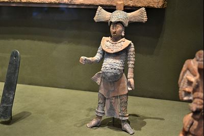 Ceramic figurine of a warrior from Jaina, Campeche, Mexico (AD 600-900). Image and caption info via Wikimedia Commons.