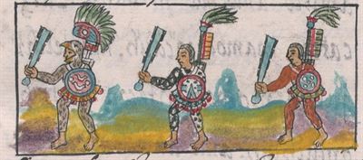 Depiction of Aztec Warriors holding swords from the Florentine Codex. Image via Wikimedia Commons.