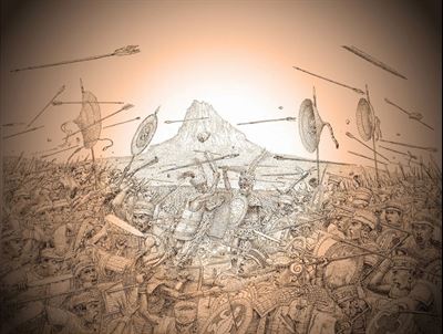 Drawing of the final battle at Cumoarh, by Terry Rutledge.