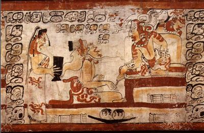 Maya ruler seated with scribe and maiden. Peten Middle Classic. Image via authenticmaya.com.