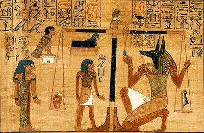 Egyptian judgment scene from a section of plate 3 from the Papyrus of Ani (a version of the Book of the Dead). Image and caption info via Wikimedia Commons.