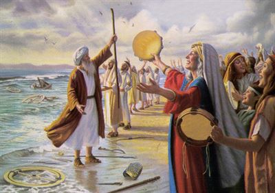 Moses and the children of Israel singing after being delivered at the Red Sea. Image attribution unknown.