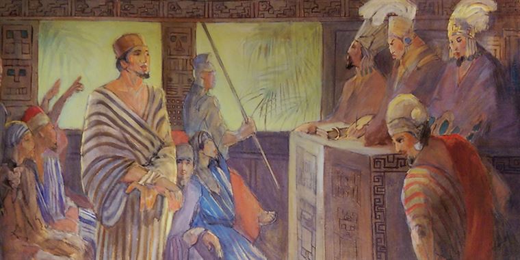 Trial of Abinadi by Minerva Teichert. During his trial, Abinadi spoke of things to come “as though they had already come” (Mosiah 16:16).
