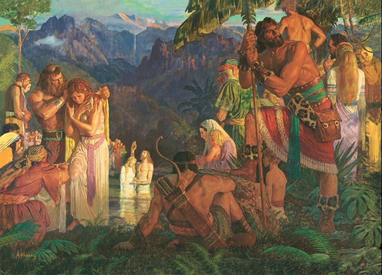 Alma Baptizes in the Waters of Mormon, by Arnold Friberg.