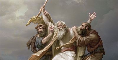 Aaron and Hur upholding Moses’s hands to support him as a prophet. Image and caption via churchofjesuschrist.org.