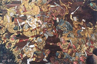Thai historic artwork depicting a battle which took place between Rama and Ravan, from Hindu mythology. Image via Wikimedia Commons.