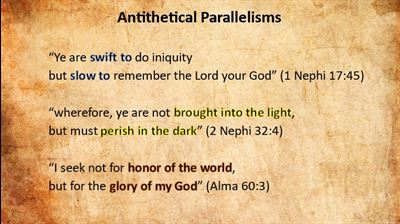 Examples of antithetical parallelisms from the Book of Mormon. Image by Evidence Central. Background via jooinn.com.