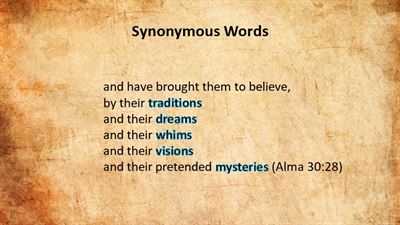 Example of synonymous words in the Book of Mormon. Image via Evidence Central. Background via jooinn.com.