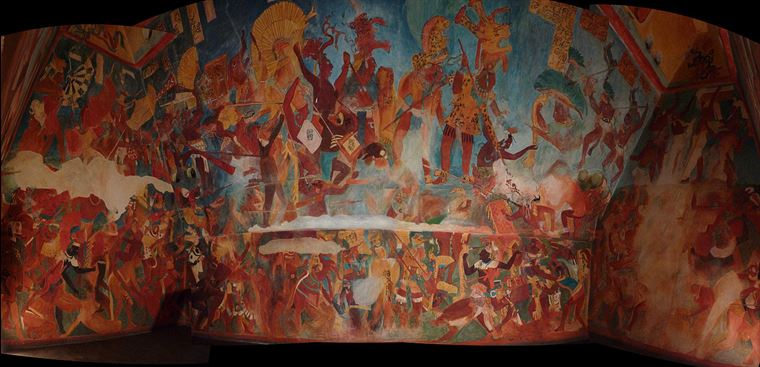War scenes on Bonampak murals. Image via Wikipedia.com.