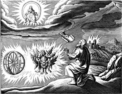 Engraved illustration of Ezekiel's “chariot vision.” Image via Wikimedia Commons.