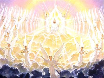 God sitting upon his throne surrounded by angels. Attribution unknown.