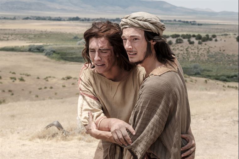 Sam comforting Nephi after Nephi was tied up by Laman and Lemuel.