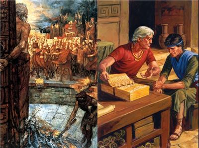 Left: Abinadi at the Stake, by Ronald K. Crosby. Right: Alma the Younger Counseling His Son, by Darrell Thomas.