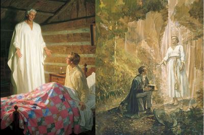 Left: The Angel Moroni Appears to Joseph Smith, by Tom Lovell. Right: Joseph Smith Receives the Gold Plates, by Kenneth Riley.