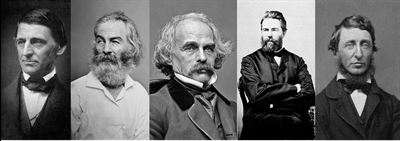 Montage of famous Romantic-era authors. From left to right: Ralph Waldo Emerson, Walt Whitman, Nathaniel Hawthorne, Herman Melville, and Henry David Thoreau. Images via Wikipedia.