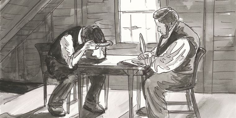 Joseph Smith translating the Book of Mormon. Image via churchofjesuschrist.org.