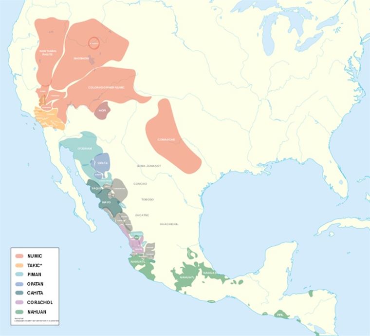 Map of Uto-aztecan languages. Image via Wikimedia Commons.